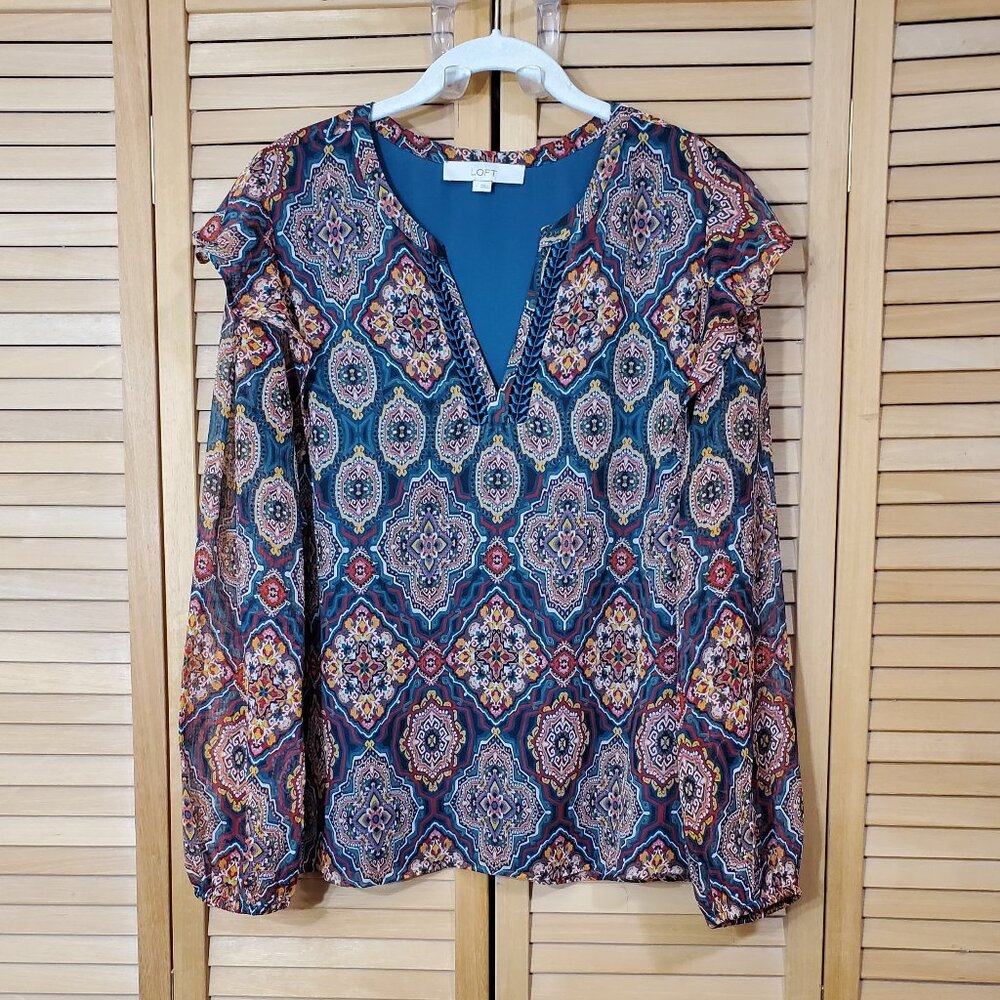 LOFT Green Medallion Print Blouse With Ruffle Shoulder L - Picture 5 of 8